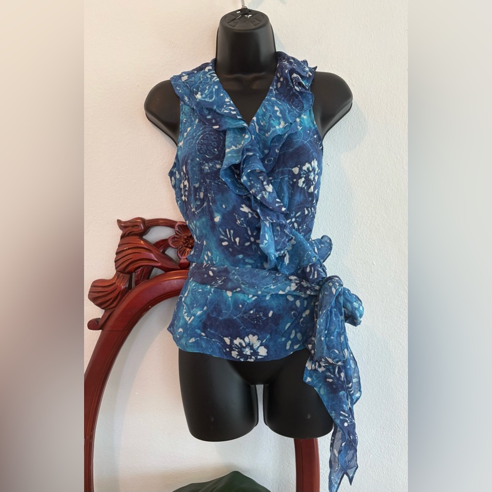Women’s Lauren Ralph Lauren 100% Silk Blue Tie Dye Ruffled Wrap Sleeveless Top